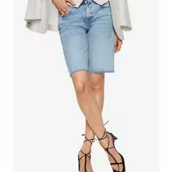 Mango Denim Bermuda Shorts With Frayed Hem