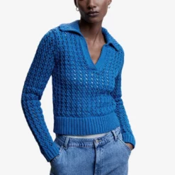 Mango Openwork Knit Polo Neck Sweater