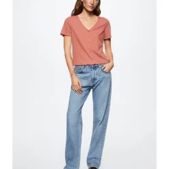Mango Buttoned Ribbed T-Shirt -Mango popular store mango 3076 4467426 4