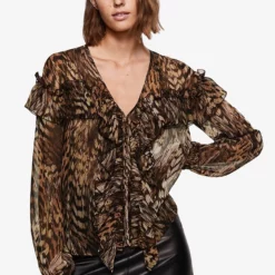 Mango Animal Print Ruffled Blouse