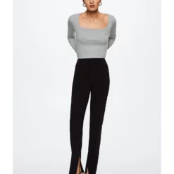 Mango Ribbed Long-Sleeved T-Shirt -Mango popular store mango 3696 9770926 5